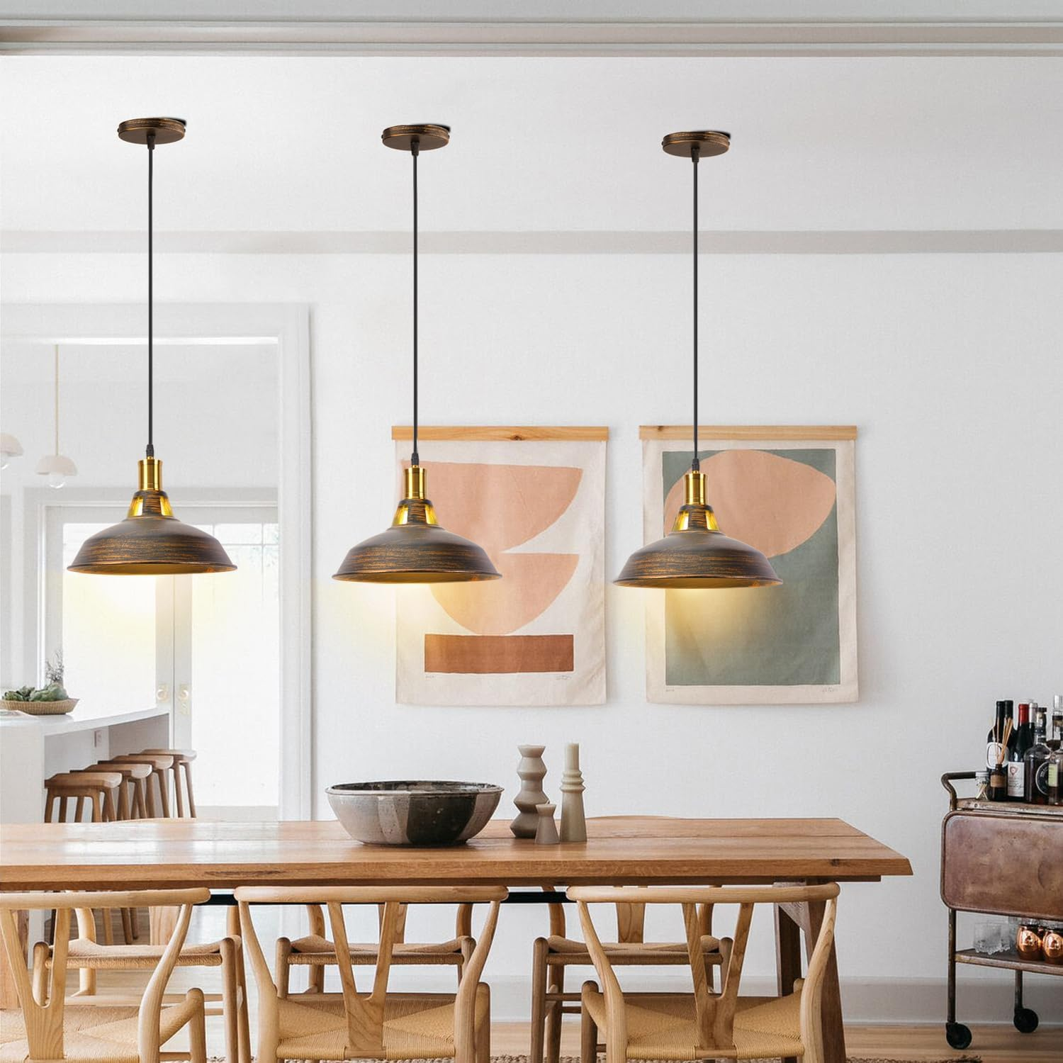 Idegu Pack of 2 Pendant Lights, Retro Pendant Lamp, Industrial Lampshade in Iron, Diameter 27 Cm, Vintage Pendant Light for Kitchen, Dining Room, Living Room, Bedroom, Hallway, Restaurant (Bronze) image number 2