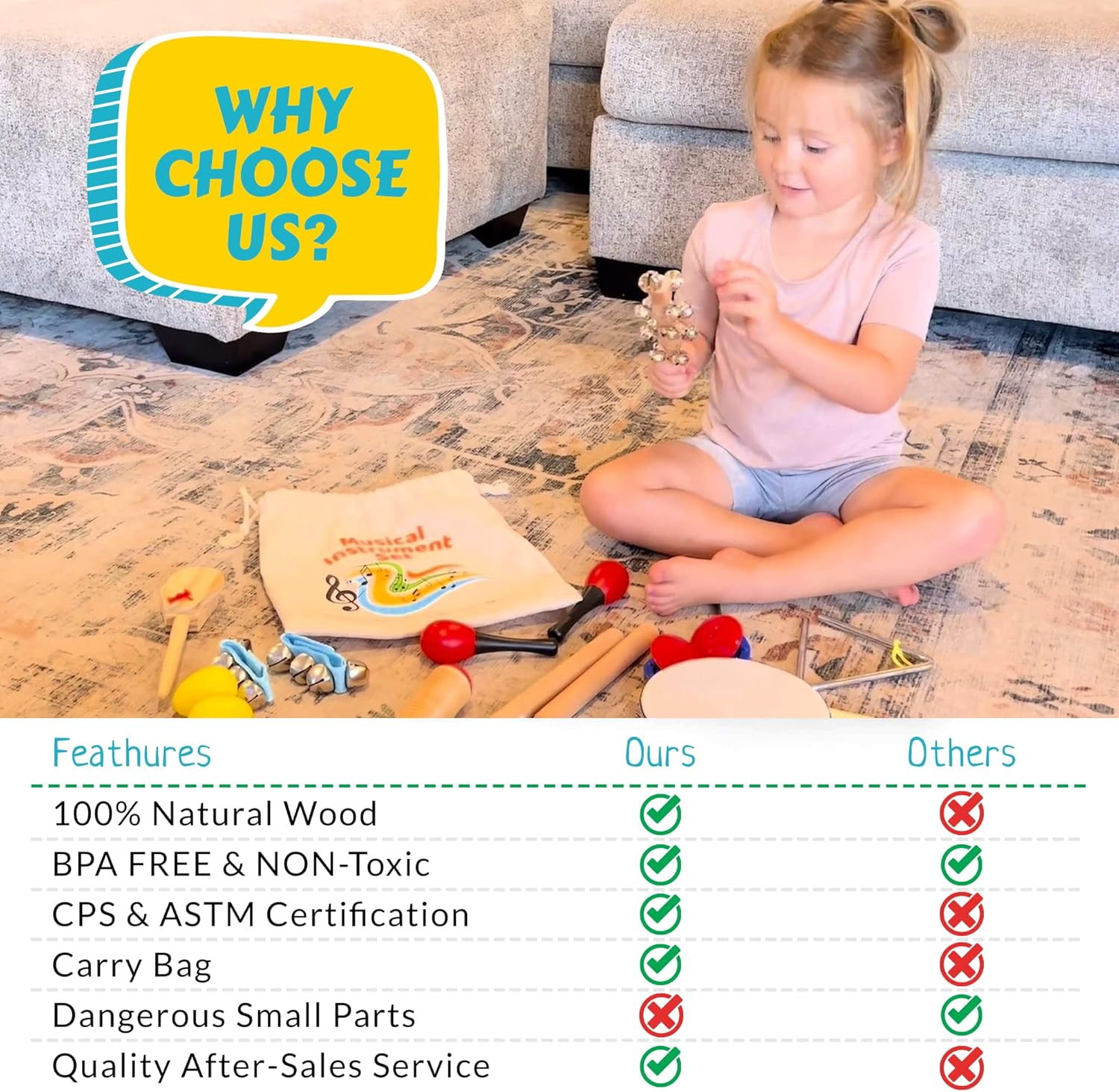 Musical Instrument Set 16 PCS | Rhythm & Music Education Toys for Kids | Clave Sticks, Shakers, Tambourine, Wrist Bells & Maracas for Kids | Natural Toys with Carrying Case by Boxiki Kids image number 4