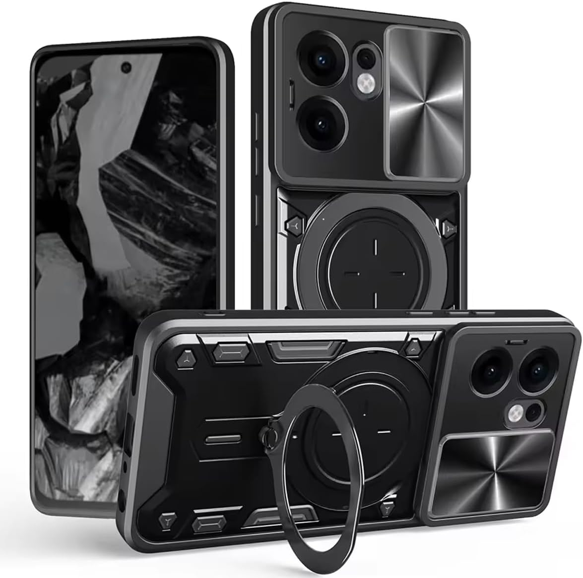 FORZARMOR for Oppo Reno13 Pro 5G (6.83 Inch) Case Shockproof with Back Camera Slide Window Cover, Ring Kickstand Armor Military Rugged Cover (For Reno13 Pro,Black)