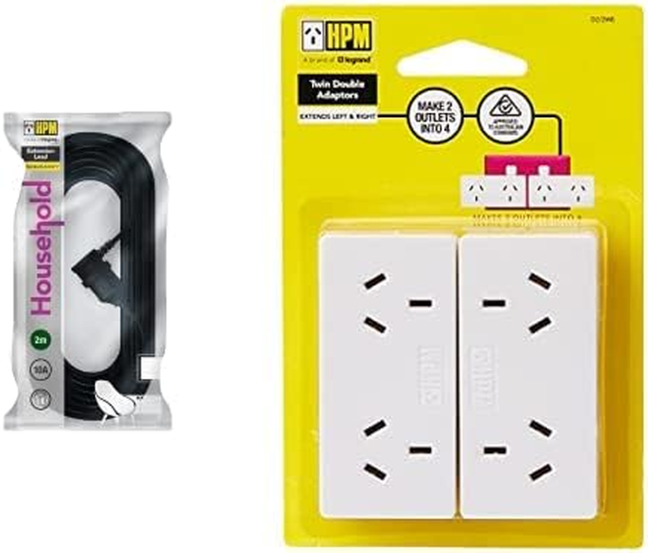 HPM Entertainment Extension Lead Black 2M + D2/2WE Left and Right Extend 10A 2400W Double Adaptor 2-Pieces, White