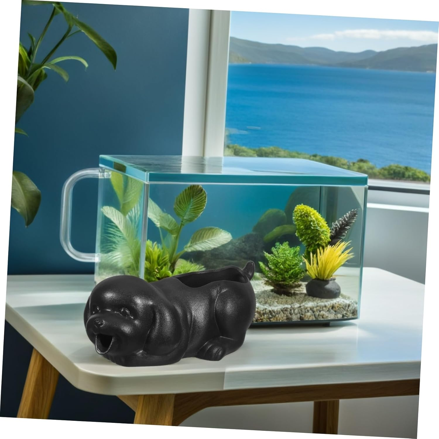 Ceramic Dog Fountain Spitter for Fish Tank and Garden Decor Waterfall Feature Jar for Green Plant Growth Clean Water Circulation Aquarium and Outdoor Patio Waterfall Ornament - Black image number 6