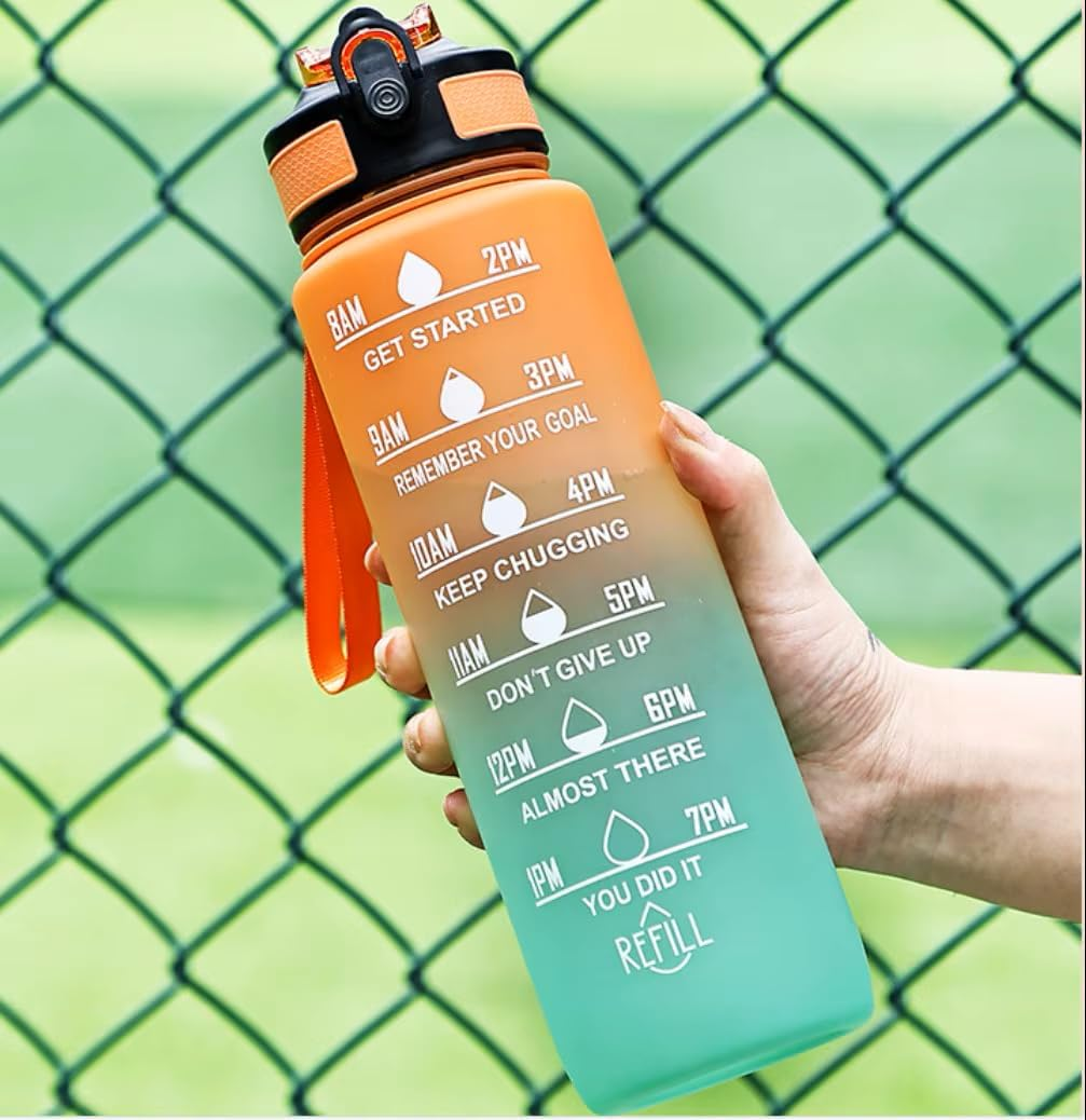 O'Mango Motivational Water Bottle, 1000Ml, Time Marker, Built-In Straw, Blue-Purple Gradient (ORANGE-GREEN) - Aqua image number 4