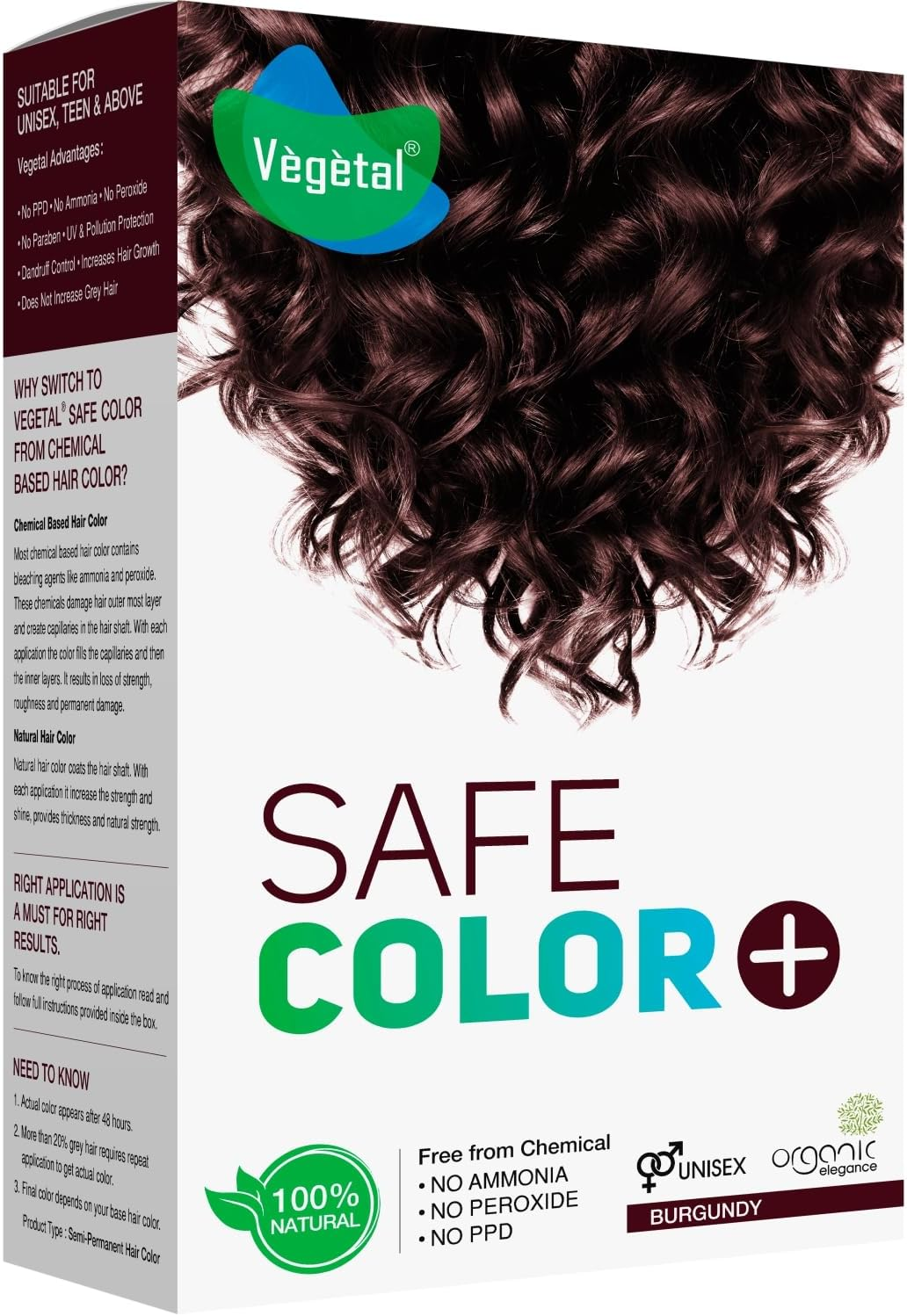 Vegetal Safe Hair Color - Burgundy 100Gm - Certified Organic Chemical and Allergy Free Bio Natural Hair Color with No Ammonia Formula for Men & Women image number 1