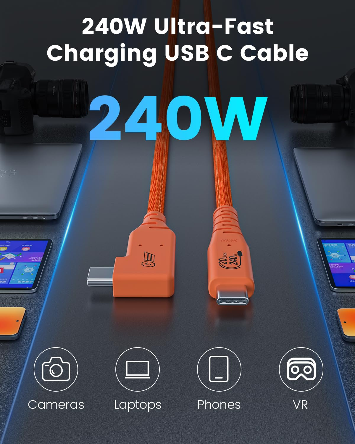 USB C Tethering Cable 5M, Right Angle USB 4 Video Cable with PD 240W, 4K@60Hz 20Gbps Link Cable for Fast Transfer and Connection between Camera and Computer-Sony A7Iv/Canon R5/Macbook Pro (Orange)