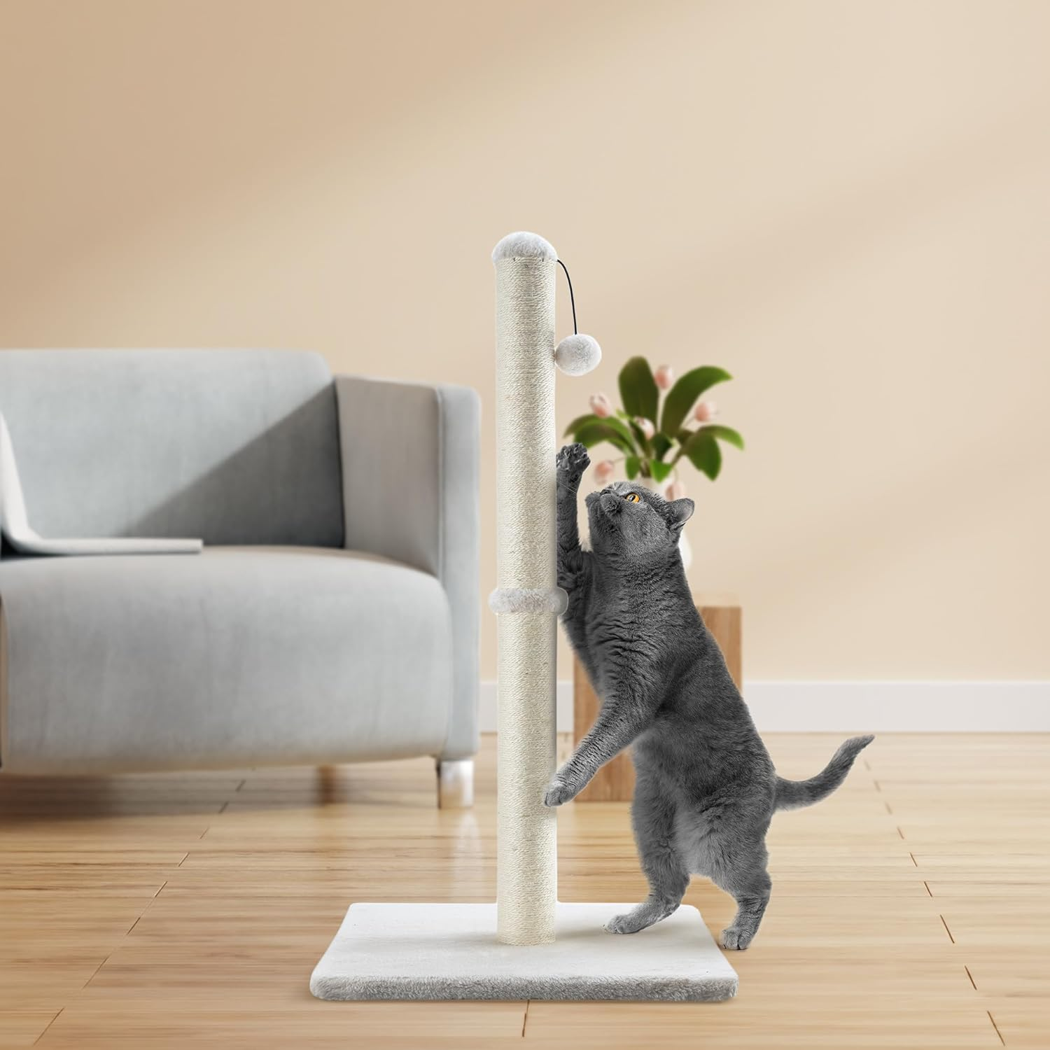 Dimaka 29" Height Tall Cat Scratching Post, Claw Scratcher with Sisal Rope and Covered with Soft Smooth Plush, Vertical Scratch [Full Strectch] for Standard Size Cats. (Beige) image number 2
