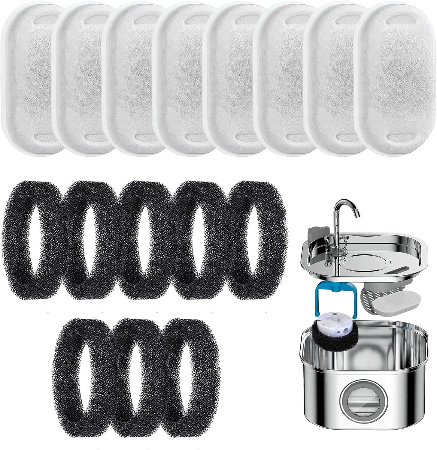 Cat Fountain Filter, 16 Pcs Cat Water Fountain Filter Cartridges, Pet Water Fountain Filter Cartridges, Including 8 Sponges, Suitable for 3.2 Liter Stainless Steel Pet Water Dispenser