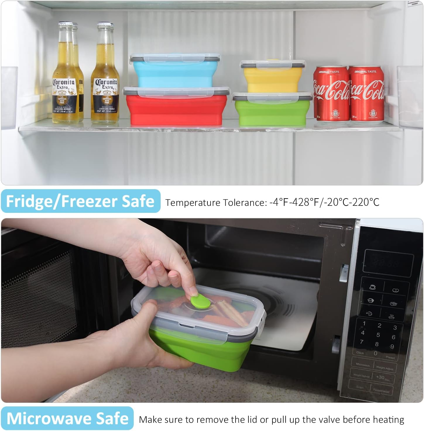 Collapsible Food Storage Containers with Airtight Lid, 4 Sizes, Annaklin Small and Large Stacking Silicone Collapsible Meal Prep Container Set for Leftover, Microwave Freezer Dishwasher Safe, Set of 4 image number 4