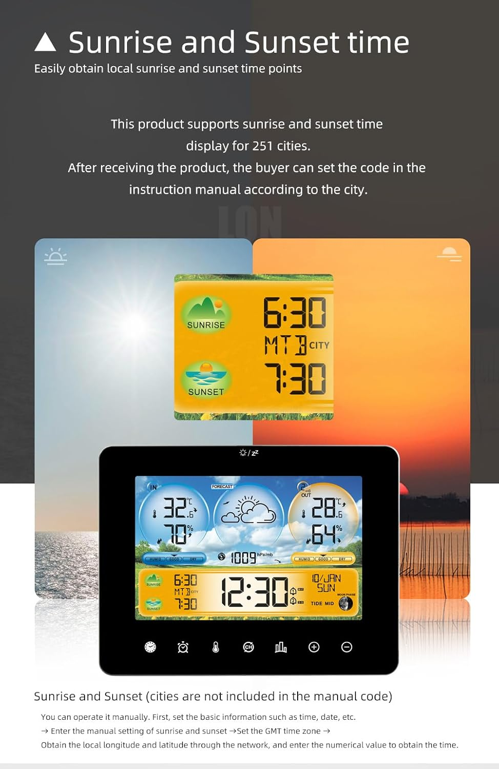Weather Station Indoor Outdoor Thermometer with Remote Sensors and Touch Color Screen Weather Thermometer Forecast Station with Sunrise Sunset Time and Tide Level image number 1