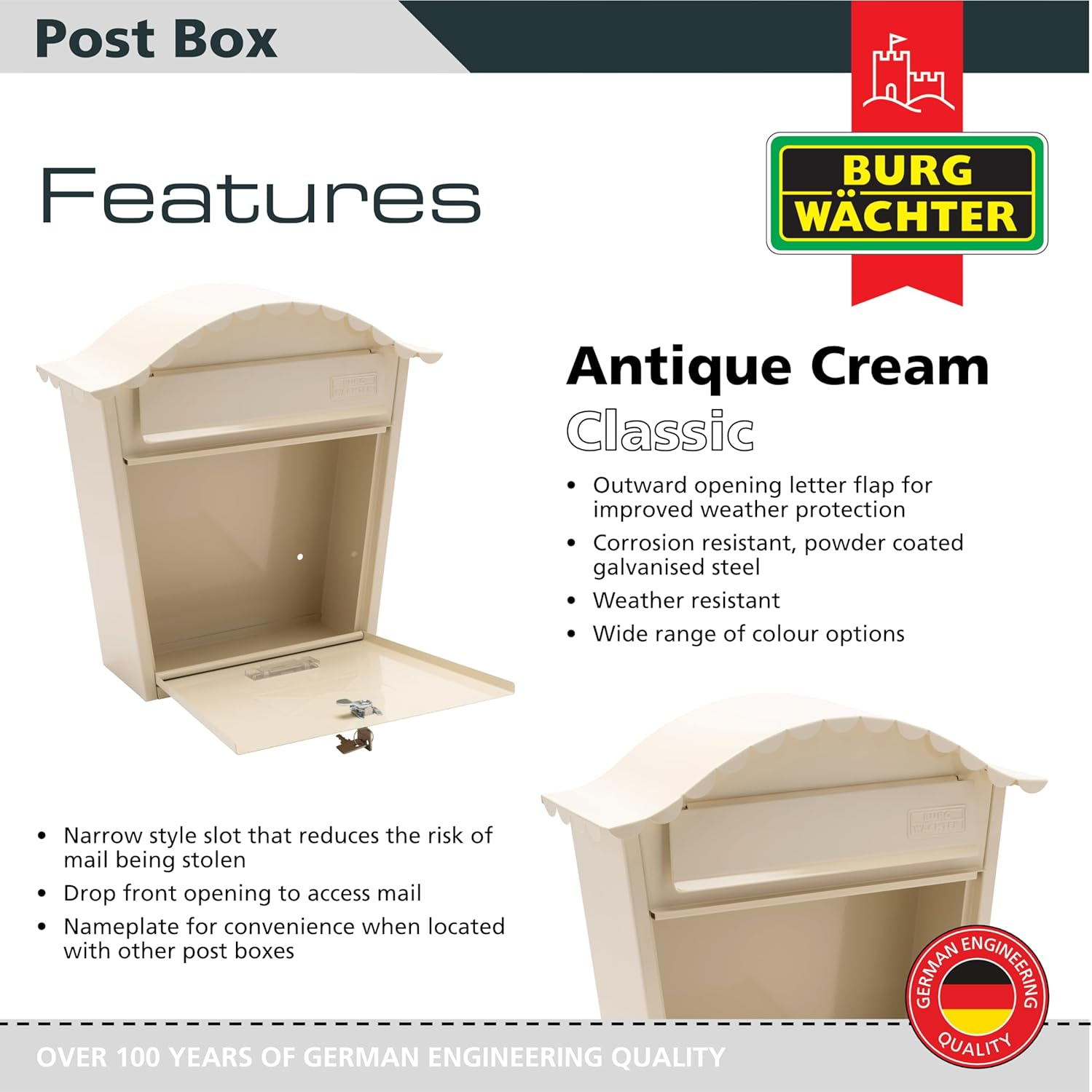 Burg-Wachter MB01AC Classic Wall Mounted Galvanised Steel Lockable Weatherproof Post Box, Antique Cream, 36X37X13Cm - Chartwell Green image number 2