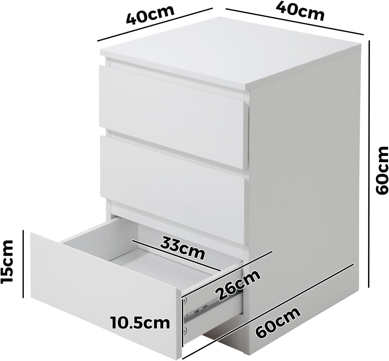 Oikiture White Bedside Table with 3 Drawers Bed Side Table image number 2