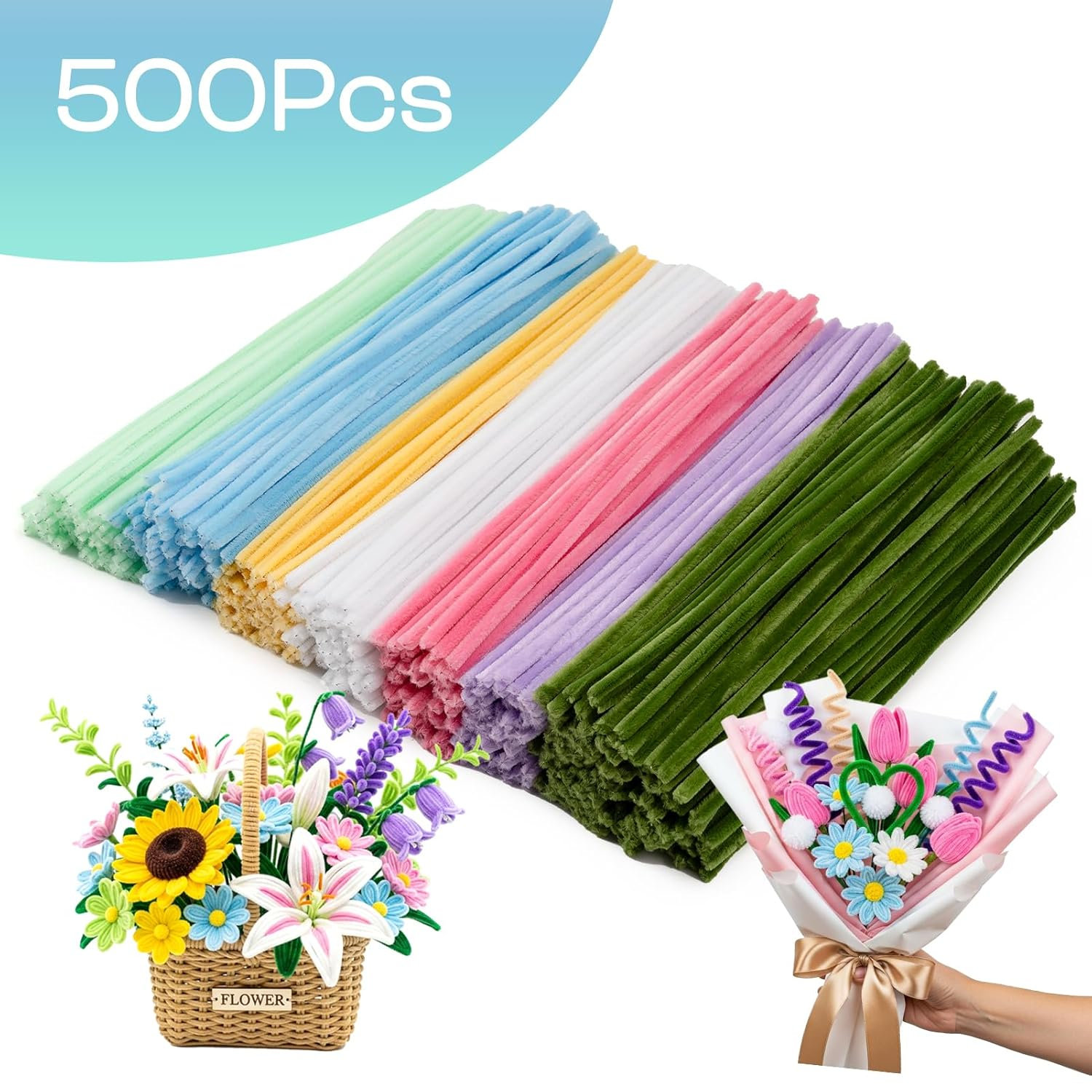 Caydo 500 Pieces Pipe Cleaners Flower Set, Chenille Stems, Pipe Cleaner Craft Supplies Bulk Fluffy Fuzzy Sticks for DIY Art Projects Creative Gift Party Decorations (Macaron) image number 5