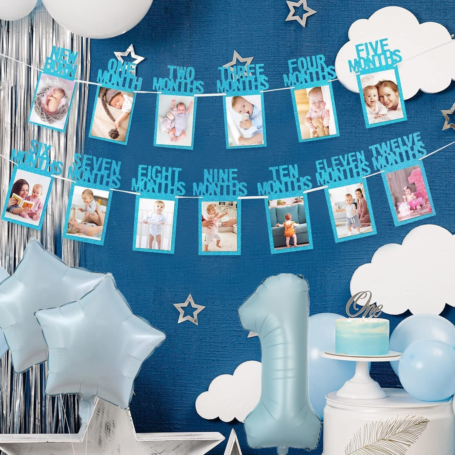 1St Birthday Baby Photo Banner for Newborn to 12 Months, Monthly Milestone Photograph Bunting Garland, First Birthday Celebration Decoration (Blue) image number 1
