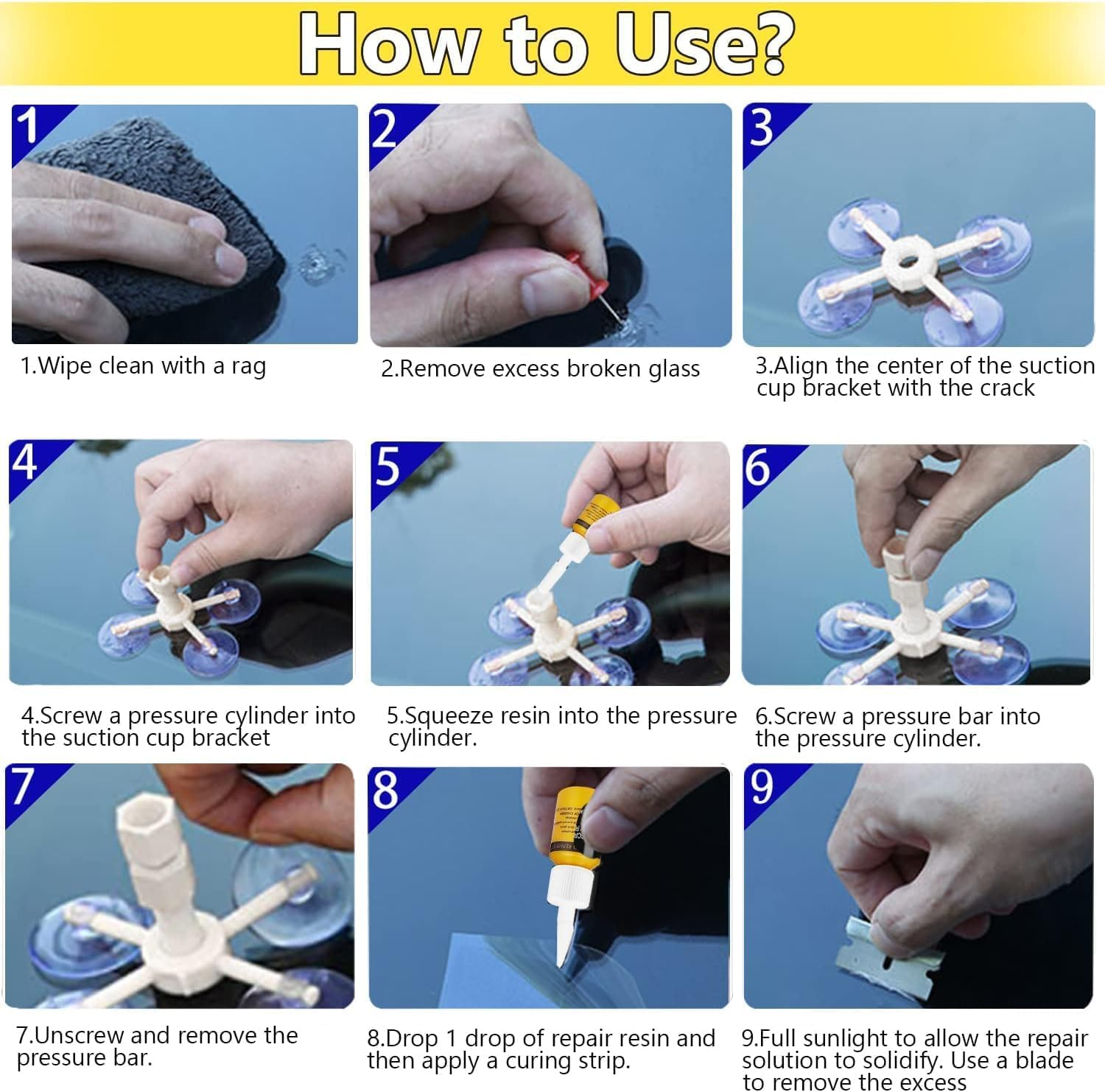 Windshield Repair Kit, Windshield Repair Kit for Chips and Cracks, Car Glass Repair Kit, Cracks Gone Glass Repair Kit, Automotive Glass Nano Fluid Windshield Crack Repair Kit for Chips (Yellow) image number 4