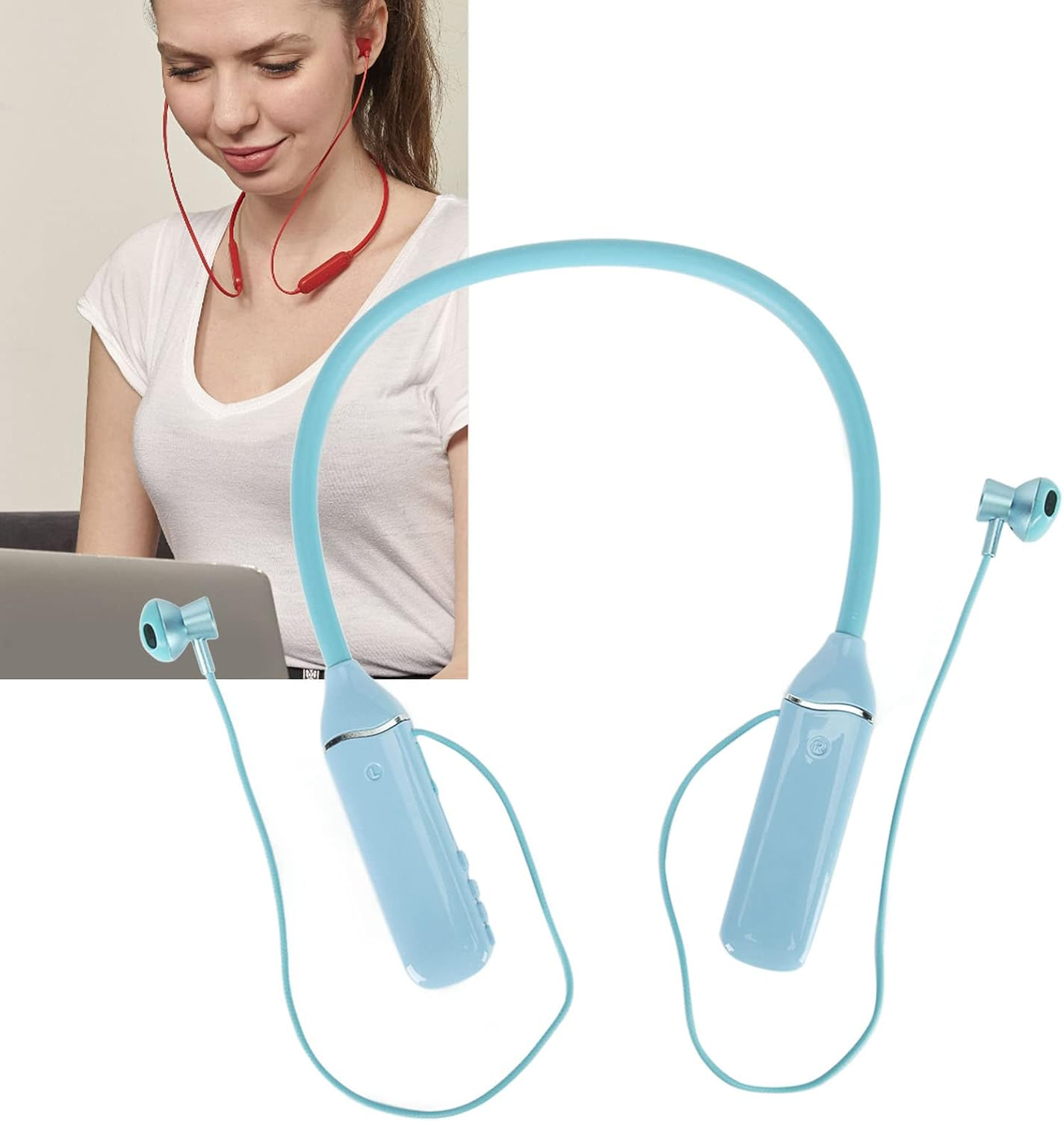POENVFPO Neckband Headphones, RGB Backlight, Long Standby Time, Memory Card Playback, Wireless Headphones for Music Fans (Blue)