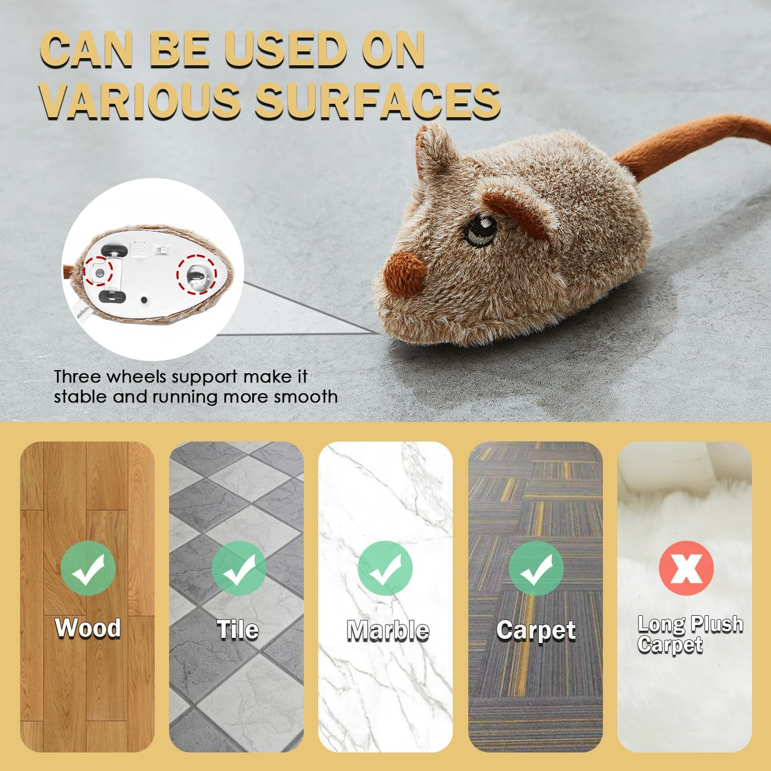 Pawsayes Cat Toys Squeaky Rechargeable Moving Mouse with Dynamic Magic Tail, Automatic Self Play Mouse Interactive Cat Toy for Indoor Cats, Kitten'S Electric Multi-Mode Activated Mouse Toy (Brown) - Black image number 6