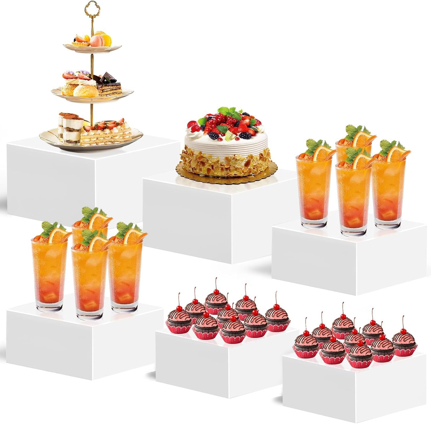 6PCS Buffet Risers, Food Risers for Buffet Table, Buffet Risers and Stands, Acrylic White Boxes for Food Display, White Acrylic Cube Boxes Big Size(9"-8"-2Pcs 7.5"-2Pcs 6.7") (White)
