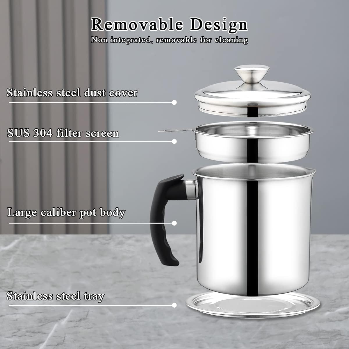 Bacon Grease Container with Filter, 47 Oz / 1.4 L, Stainless Steel Oil Storage Container with Fine Mesh Filter, Dustproof for Storing Frying Oil and Food Fat, Cookware Accessories image number 1