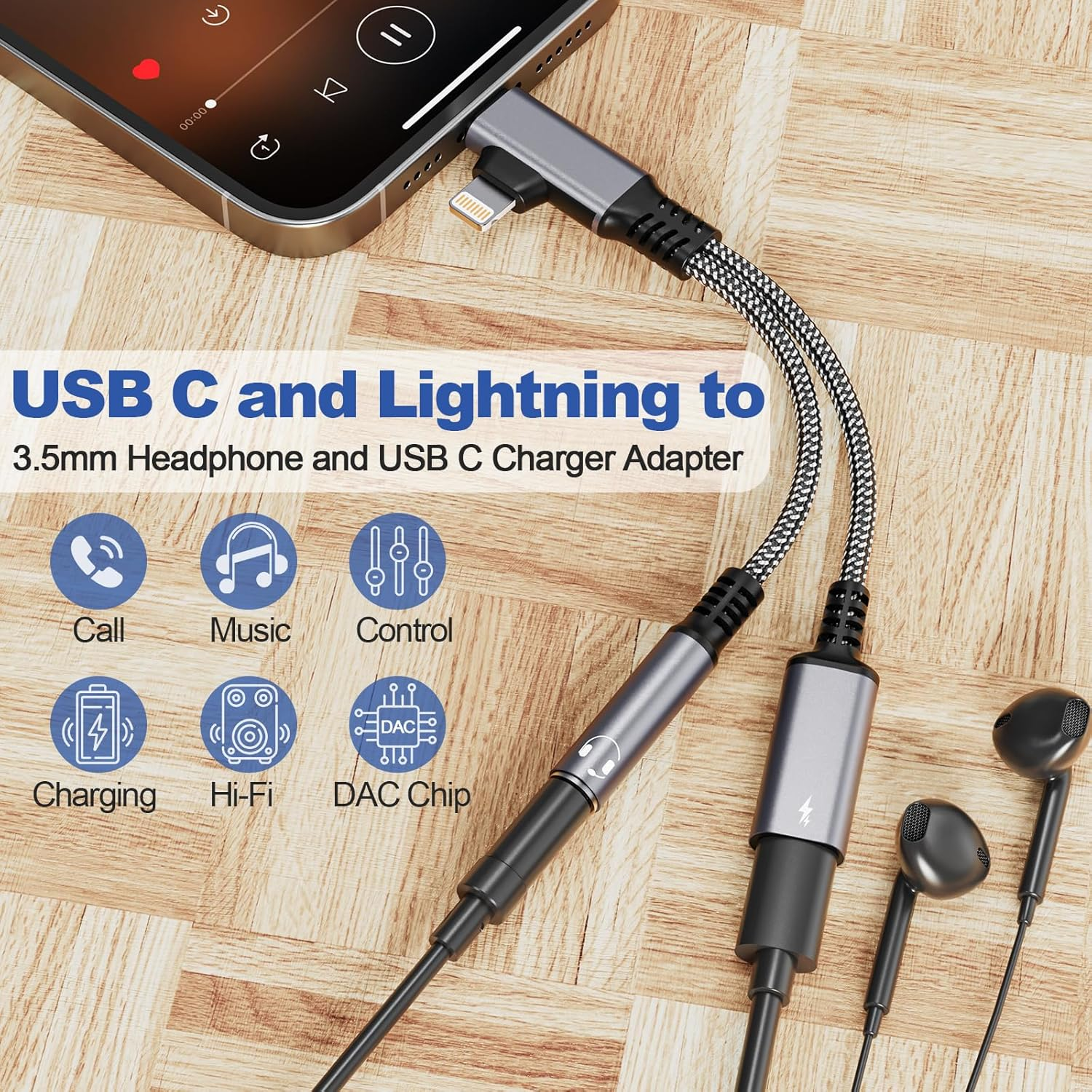 USB-C to 3.5Mm Headphone and Charger Adapter - Dual Port (Lightning & USB-C Input) to AUX 3.5Mm Jack & 60W PD Fast Charging with Call Support, for Iphone 15/16, Android, Tablet image number 6