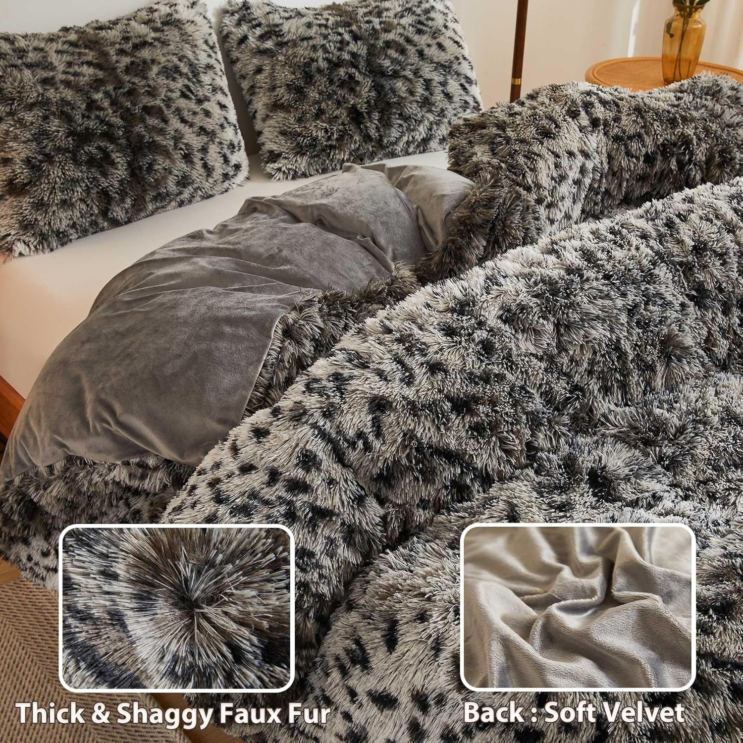 LIFEREVO Cheetah Print Faux Fur Duvet Cover Fluffy Bedding Set, 3 Pieces Soft Plush Fuzzy Comforter Cover Set(1 Shaggy Comforter Cover+2 Furry Pillowcases), Zipper Closure(Queen, Leopard Print Grey) image number 5