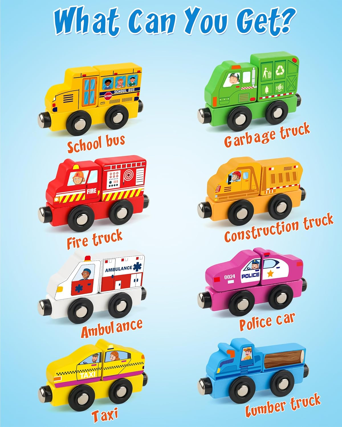 Vanmor Wooden Car Vehicle Set, 8 PCS Magnetic City-Themed Train for Toddlers, Montessori Fine Motor Skills Educational Toy for Kids Aged 3 for Imaginative Play and Development image number 3