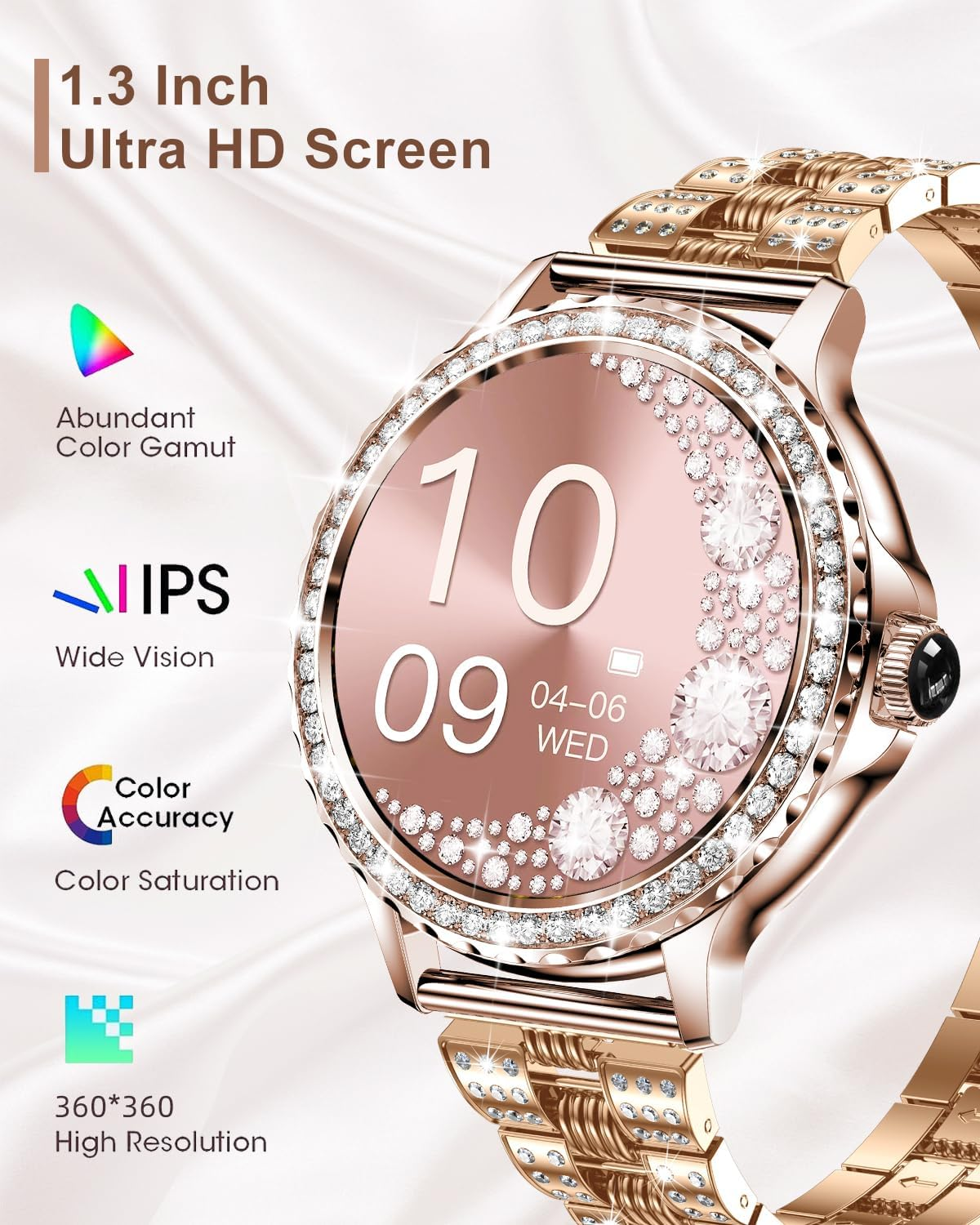Smart Watches for Women Answer/Make Calls, 1.3&rdquo;Diamonds HD Smart Watch with Message Reminder, 120+ Sports Modes Smartwatch with Heart Rate/Spo2/Sleep Monitor, Fitness Trackers for Android Ios Rosegold image number 3
