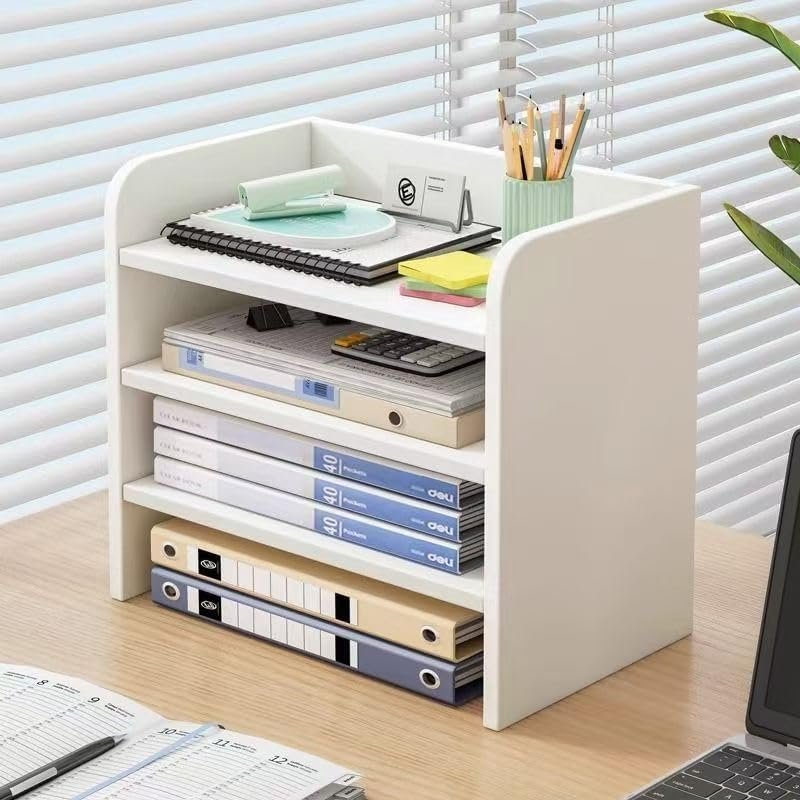 Hbluefat Desktop Organizer, Wood Desk Storage Bookshelf, Magazine File Storage Shelf (4-Tier, White)