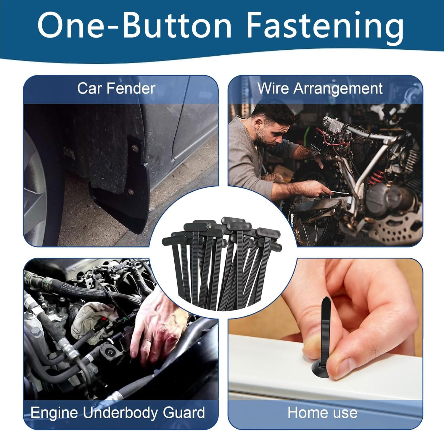 100Pcs Nylon Universal Cable Tie Buckle,Grip Auto Zip Tie Buckles with Pin & Button Design, Plastic Cable Ties Tool Fasteners, High Temperature and UV Resistant Zipties for Car Daily Auto Fixing image number 6