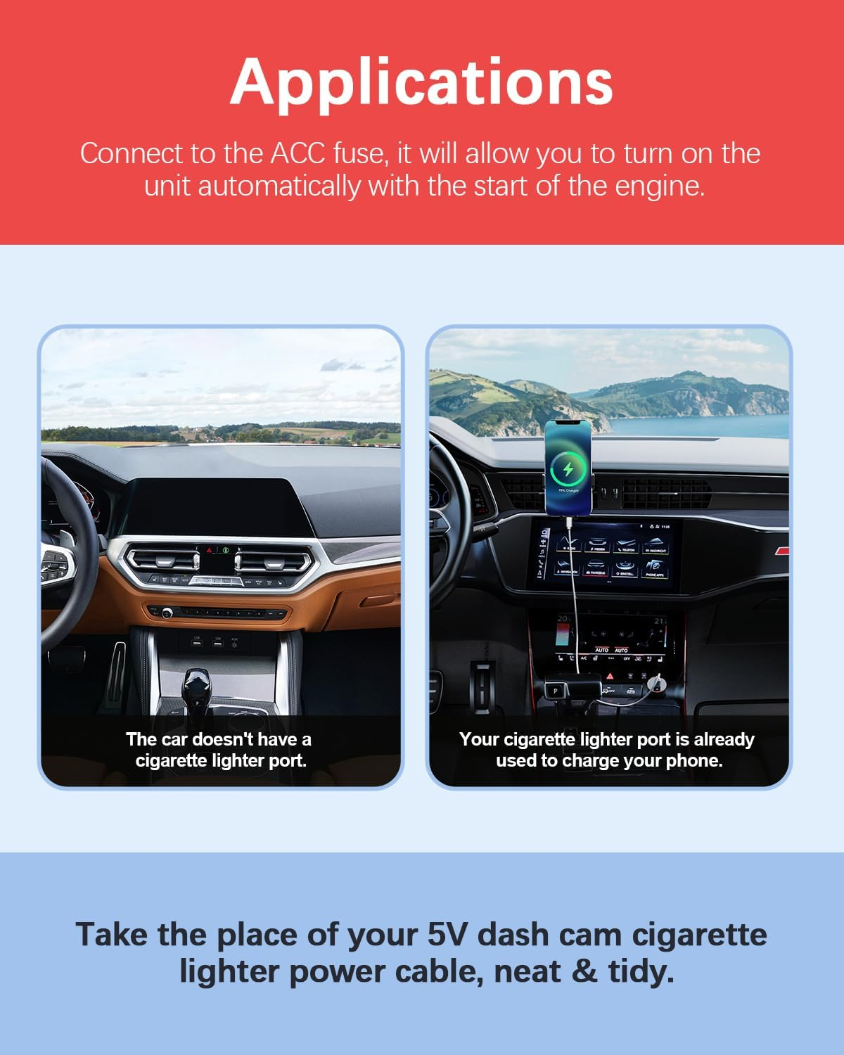 Dash Cam Hardwire Kit, USB-C Port 4M Hard Wiring Kit for Car Cam Car Charger Power Cord 12V/24V to 5V 2.5A Charger Cable with 4 Power Adapters 3 Fuses for Dashcam GPS Etc image number 5