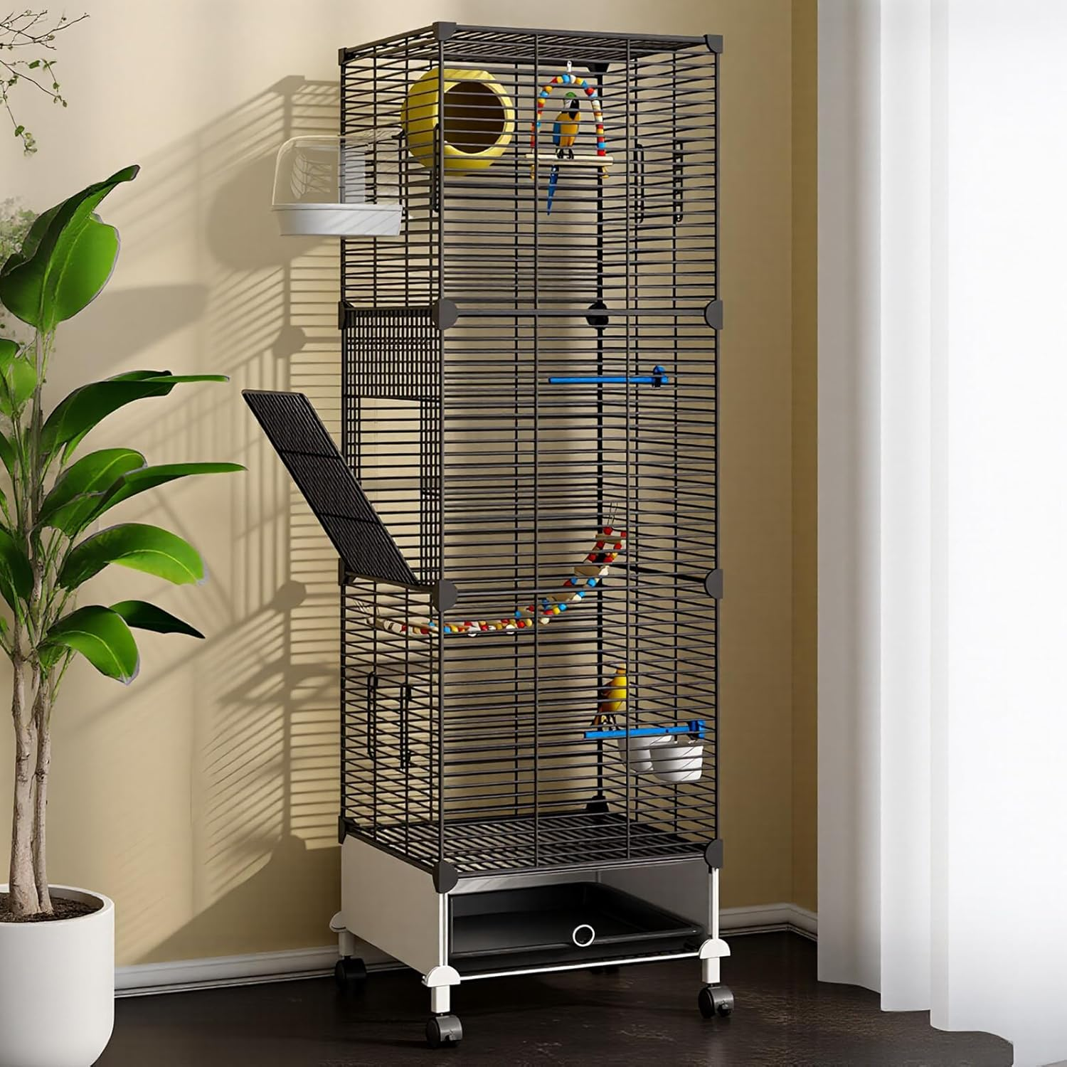 Uandhome Large Bird Cage, Wrought Iron Parrot Cage, Bird Cages with Wheels, Parakeet Flight Cage, Side Nesting Doors, Heavy-Duty Pet Birds House for Birds Aviary, Parakeets, Standing Birdcages(Black) image number 2