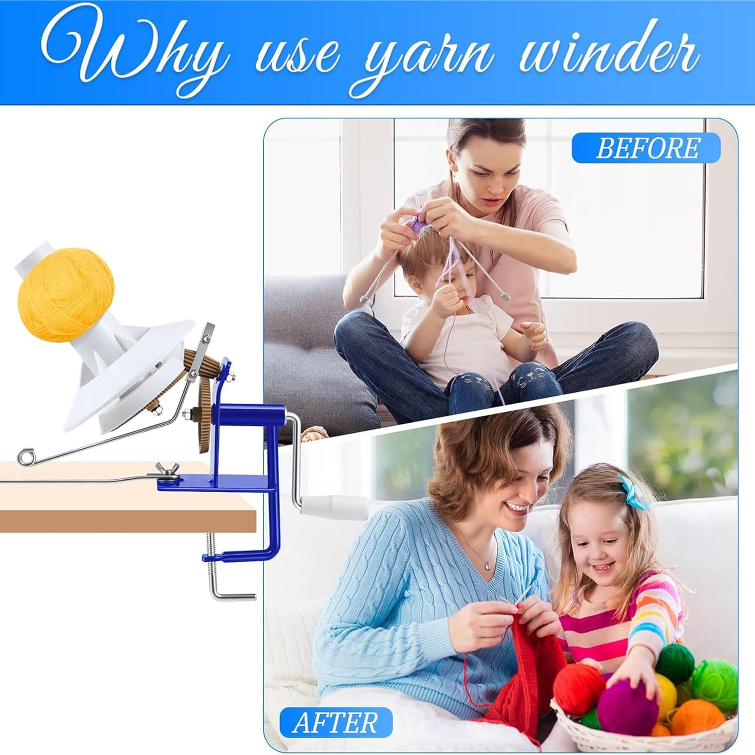 Large Metal Yarn/Fiber/Wool/String Ball Winder - 10 Oz，Hand Operated, Blue and White image number 6