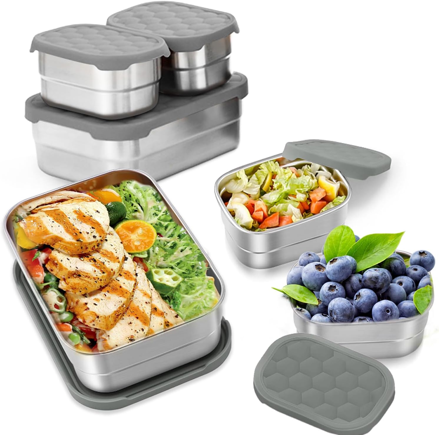 3Pack 304 Stainless Steel Lunch Box,Leak Proof Snack Containers with Silicone Lids,Steel Bento Box for School and Daycare,Food Containers for Snacks, Sandwiches, Fruits, Vegetables(25Oz+8Oz*2) image number 1