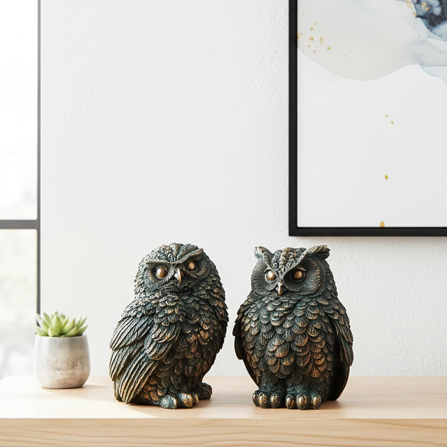 2 Pack Unique Owl Statues for Home and Outdoor Garden Decoration, Living Room Vintage Resin Owl Figurines, Knick Knacks for Shelves, Women Gift image number 6