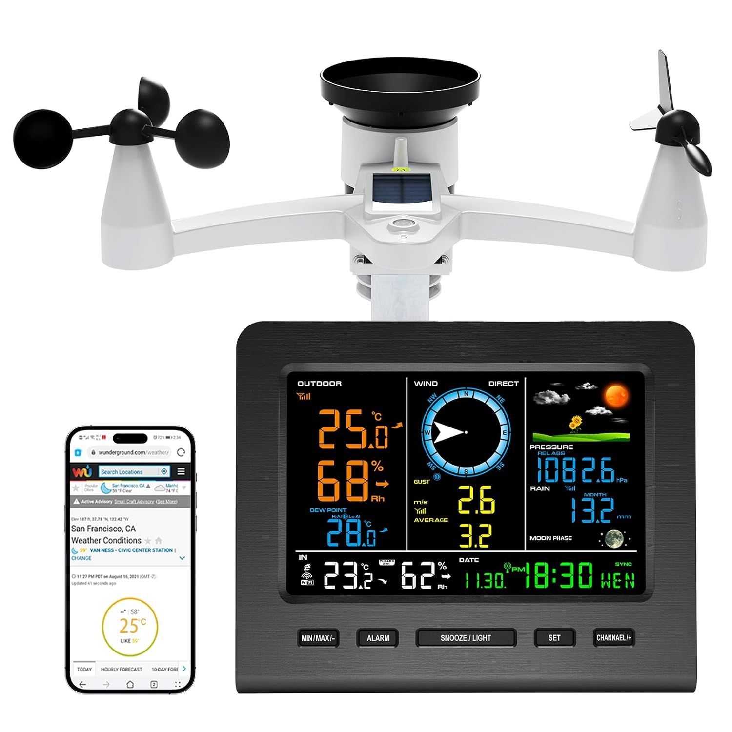 Urageuxy Wifi Weather Station with Outdoor Sensor, 7-In-1 Weather Station with Weather Forecast(Thermo-Hygrometer/Rain Gauge/Wind Speed Sensor/Wind Direction,Moon Phrase, Alarm Clock,Air Pressure) image number 6