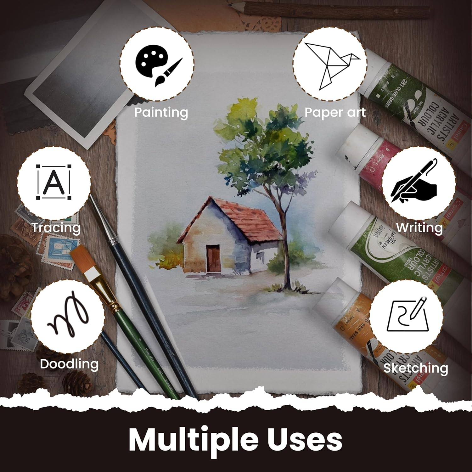 LEATHER VILLAGE Watercolor Paper Mixed Media 150 GSM Thick Deckle Edge Virgin Cotton (S, off White) image number 4