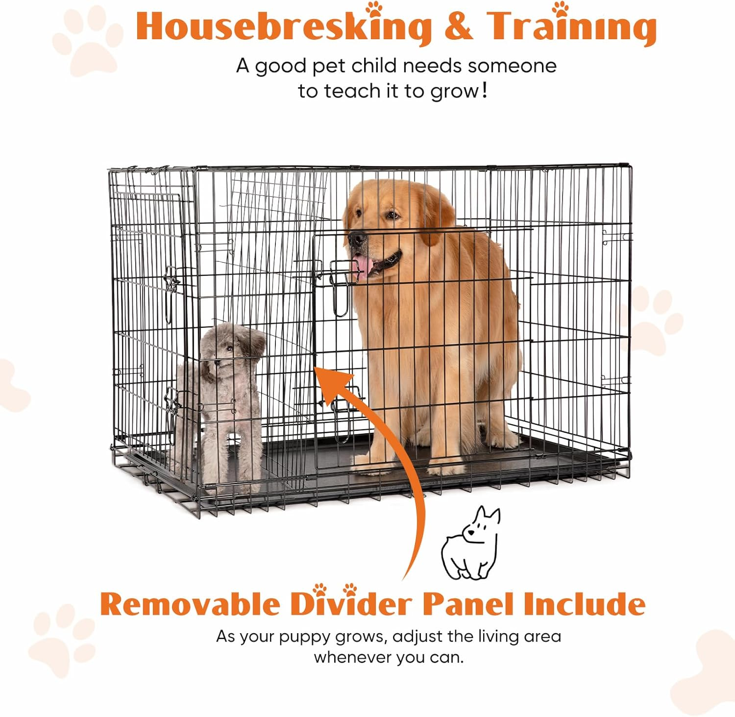 Sweetcrispy Large Dog Crate with Divider Panel, 36 Inch Double Door Folding Metal Wire Dog Cage with Plastic Leak-Proof Pan Tray, Pet Kennel for Indoor, Outdoor, Travel, 36S