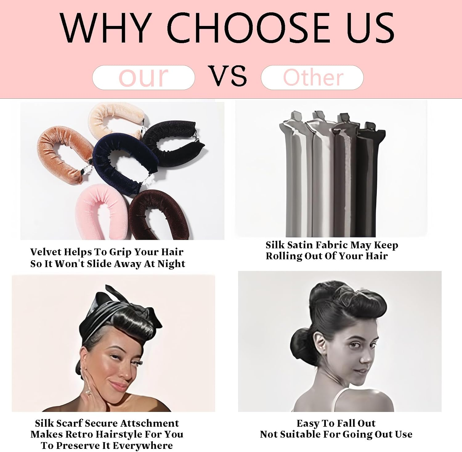 Heatless Hair Curler Rod Headband for Hair Styling, Sleep Overnight Heatless Curling Rollers Set Styling Tools, 4 Pack Pink Curling Rods with One Silk Head Scarf image number 3