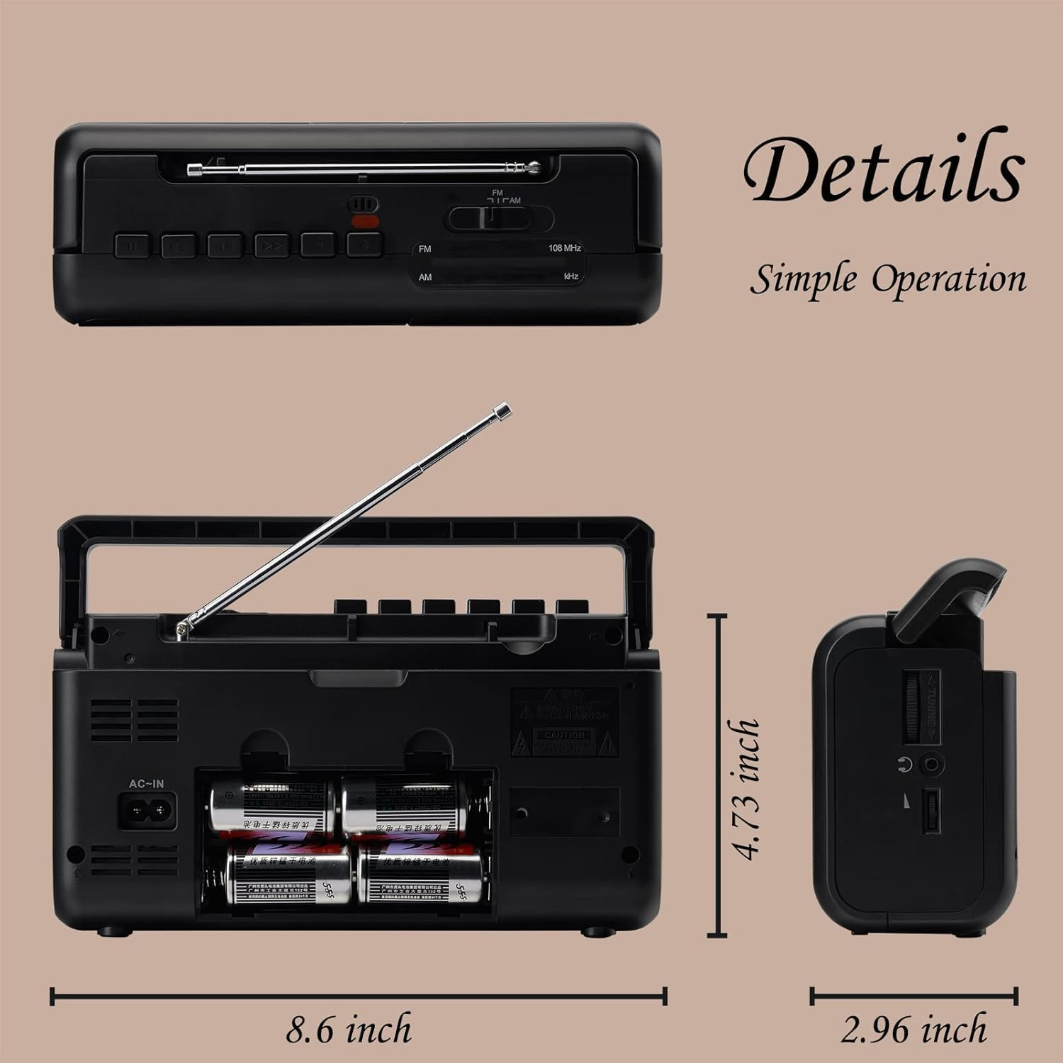 G Keni Portable Cassette Player Boombox with AM/FM Radio Stereo, Cassette Recorder, Headphone Jack, Battery or Mains Power, Black, Stereo Output, Auxiliary Connectivity image number 1