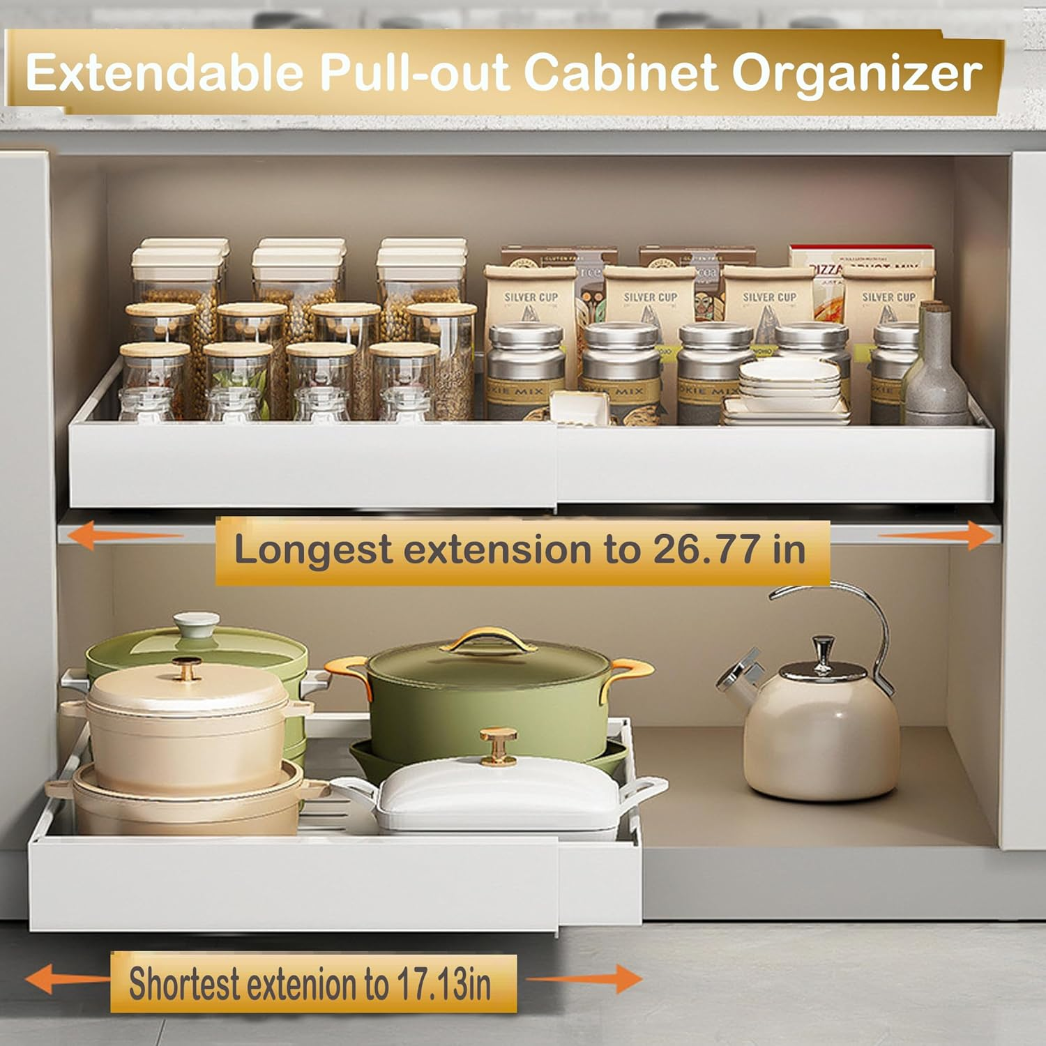 DCWINNES Pull Out Cabinet Organizer, Cabinet Organizer Drawer (Deep 16.53'',Expandable 17.1''-26.7''),Heavy Duty Slide Out Drawers Fixed with 3 Adhesive Nano Films for for Kitchen Pantry, (White 1Pcs) image number 1