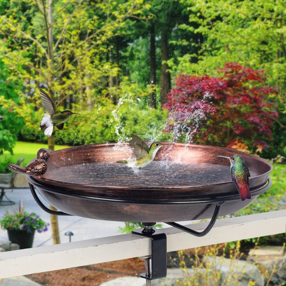 DREAMSOUL Deck Mounted Bird Bath Metal Birdbath Bowl Unheated with Lightweight Detachable, Bird Baths with Adjustable Sturdy Steel Clamp for Deck Railing Balcony Yard Outdoors Garden Decoration