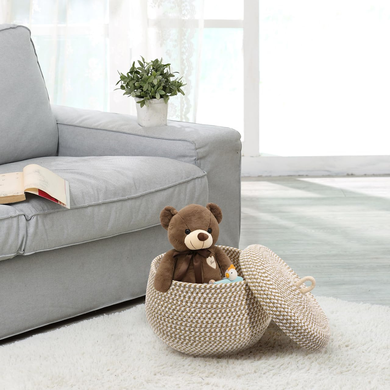 POPETPOP Cotton Rope Storage Basket with Lid round Woven Baskets for Home Organization Decorative Cotton Rope Holder for Snacks Cosmetics Sundries Stylish Storage for Any Room image number 6