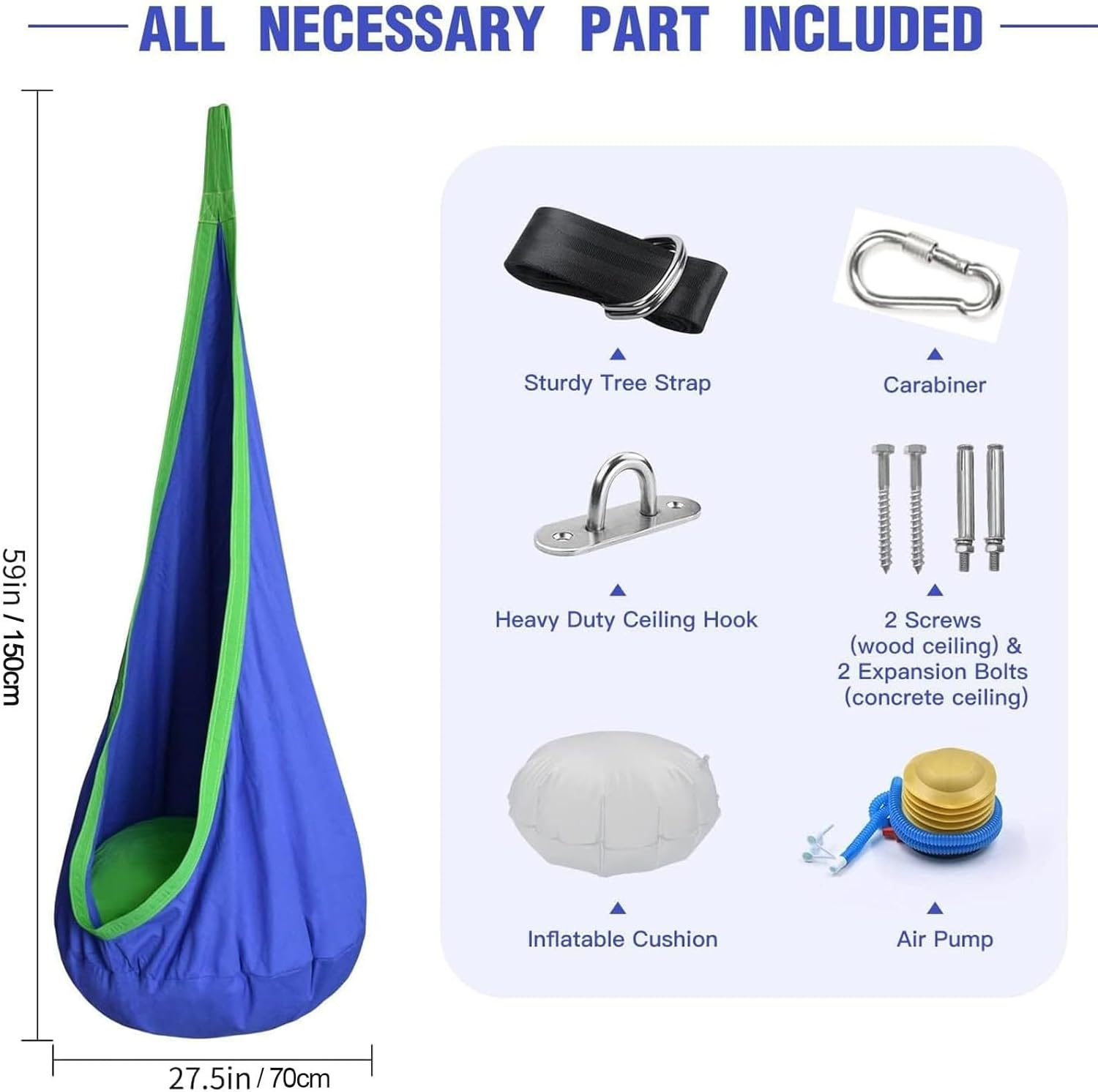 Sensory Swing, Kids Pod Swing Seat, 100% Cotton Child Hanging Hammock Chair for Indoor Outdoor with Inflatable Pillow and All Accessories, Rope Hanging Swing Seat Nest, Max 150Lbs(Light Blue) image number 4