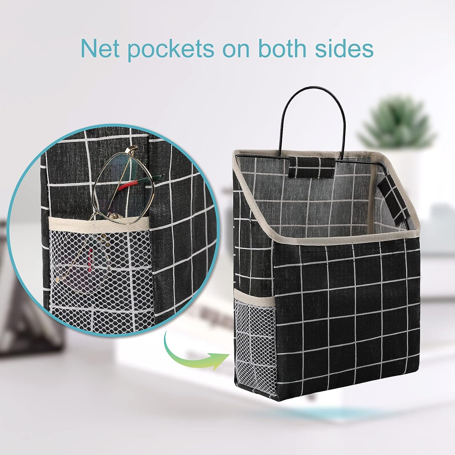 Surblue Wall Hanging Storage Bag with Sticky Hook, Closet Hanging Storage for Pocket, Bathroom Dormitory Organizer Bag, Linen Cotton Organizer Box Containers for Bedroom(Black) image number 2