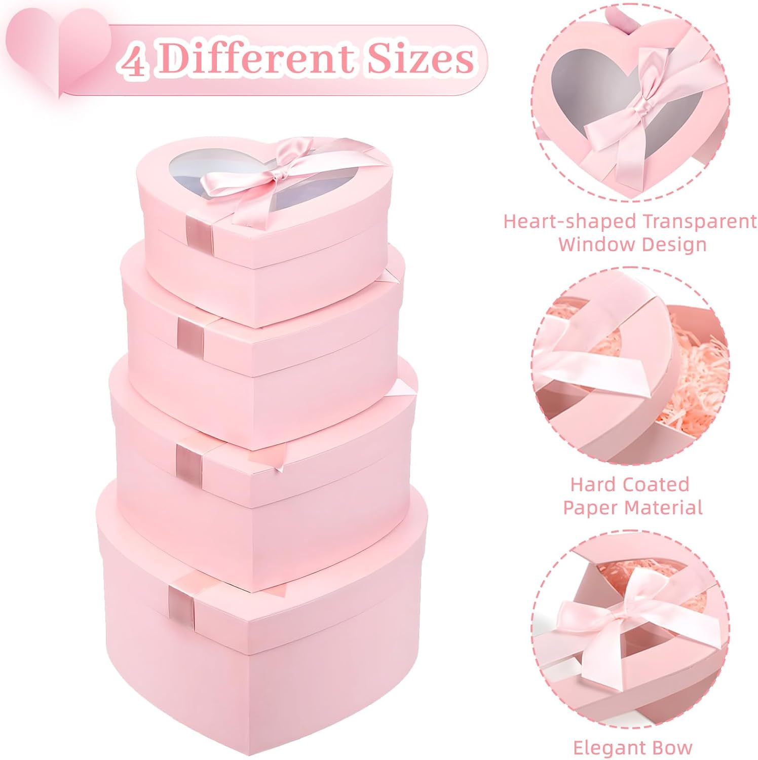 4Pcs Nesting Heart Shaped Gift Box with Clear Window Lids & Ribbons for Gifts Flower, Assorted Size Heart Gift Box Bulk for Mother'S Day Valentine'S Day Wedding Birthday Bridesmaid Proposal image number 3