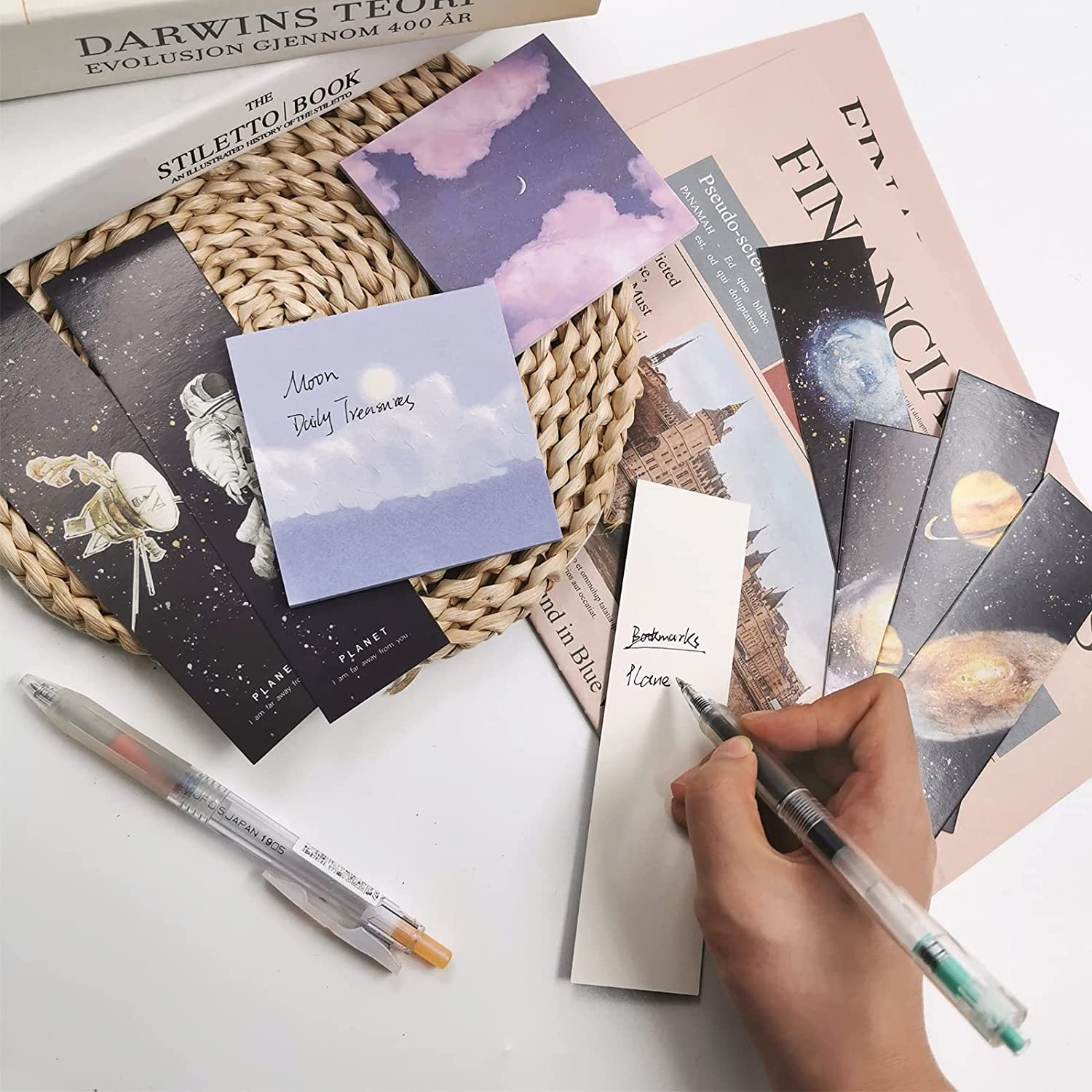 Daily Treasures 30Pcs Space Theme Bookmarks, Colorful Universe Book Markers with 3Pack Moon Sticky Notes-Double Side Galaxy Planet Spaceship Inspirational Bookmarks for Space Enthusiasts, Book Lovers image number 2