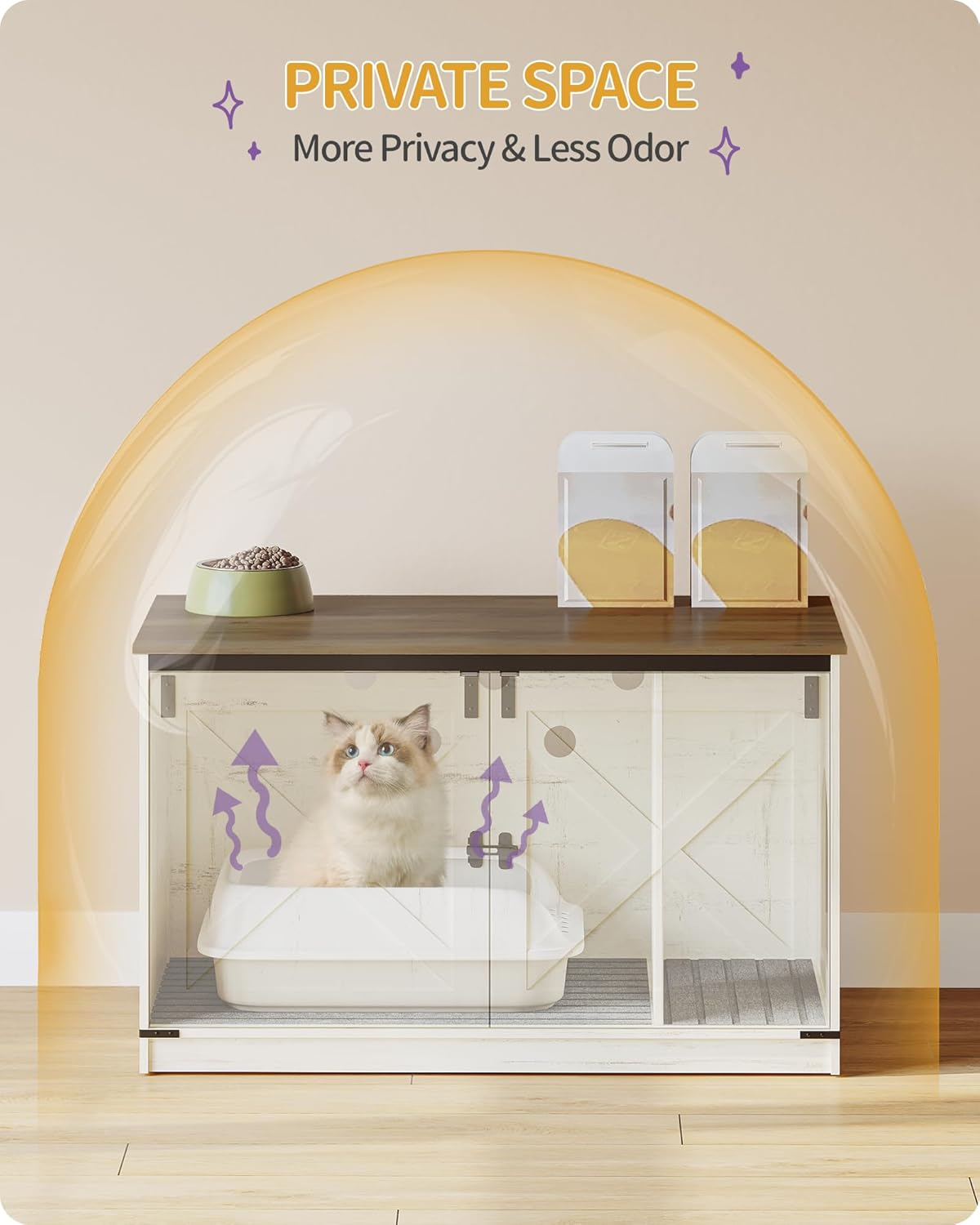 Hzuaneri Cat Litter Box Enclosure, Hidden Litter Box Furniture with Removable Dividers, Reversible Entrance Left or Right Side,Cat House, 39.4 X 21.7 X 23.6 Inches, Rustic White and Brown CB84714X image number 1