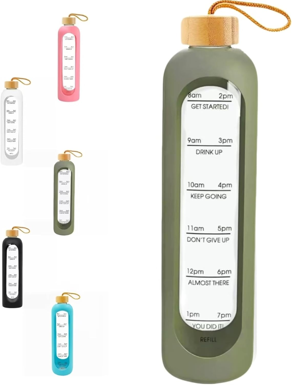 HENGFEI 1 Litre Borosilicate Glass Water Bottle with Time Markings and Reminder Quotes, Glass Drink Bottle 1L with Silicone Sleeve and Bamboo Lid. (Army Green Silicone Sleeve)