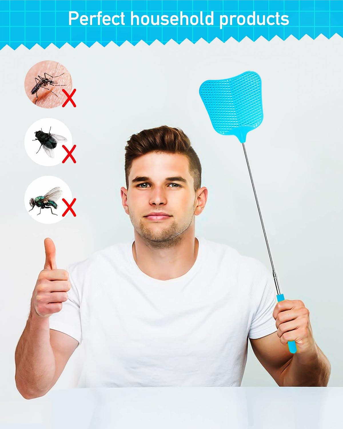 Wapodeai 2 Pack Fly Swatters Heavy Duty Set, Telescopic Fly Swatter, Stainless Steel Handle for Flyswatter (Blue) image number 3