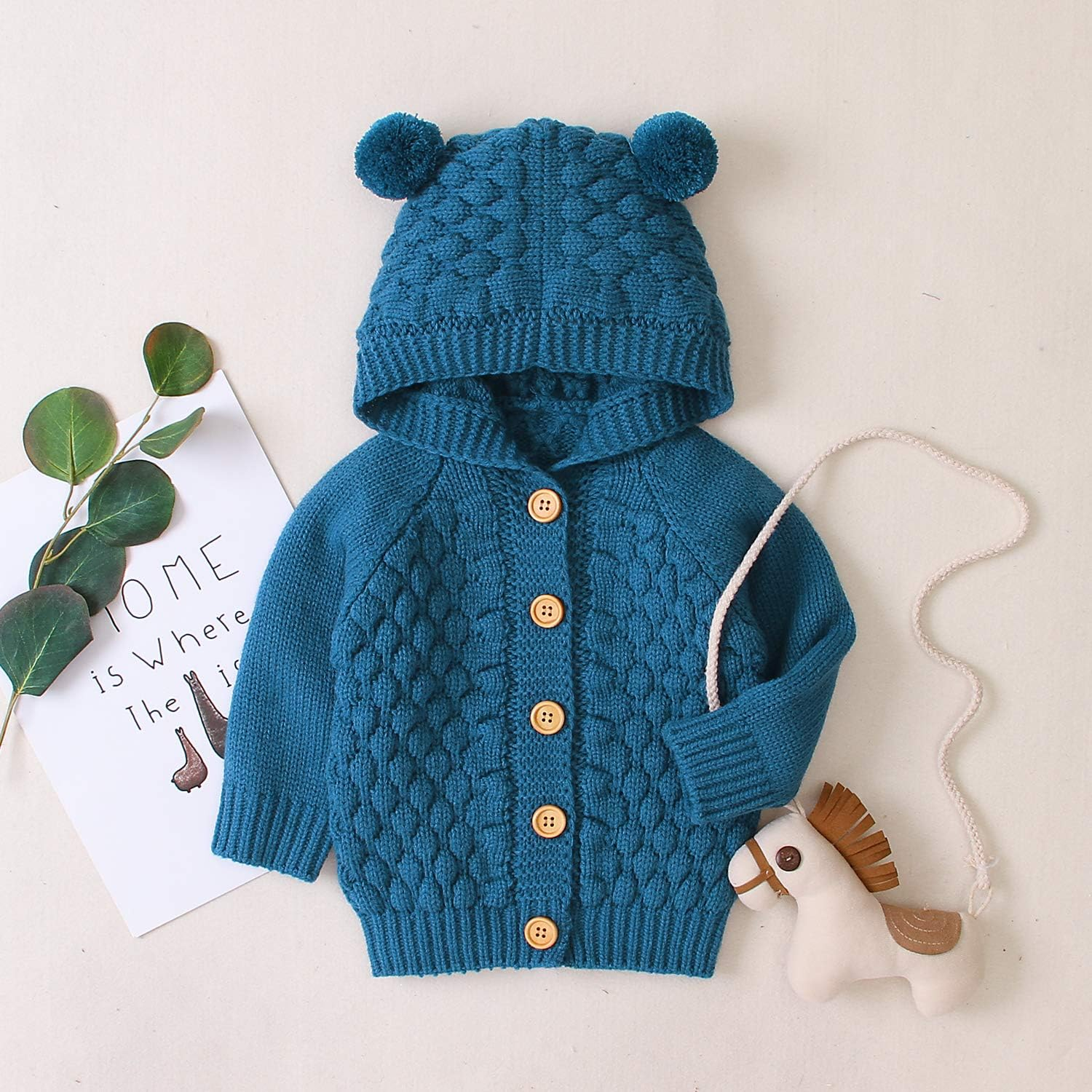 Newborn Baby Girls Boys Knit Cardigan Ear Hooded Sweater, Infant Button-Down Cotton Outfits, Unisex Baby Basic Clothes image number 6