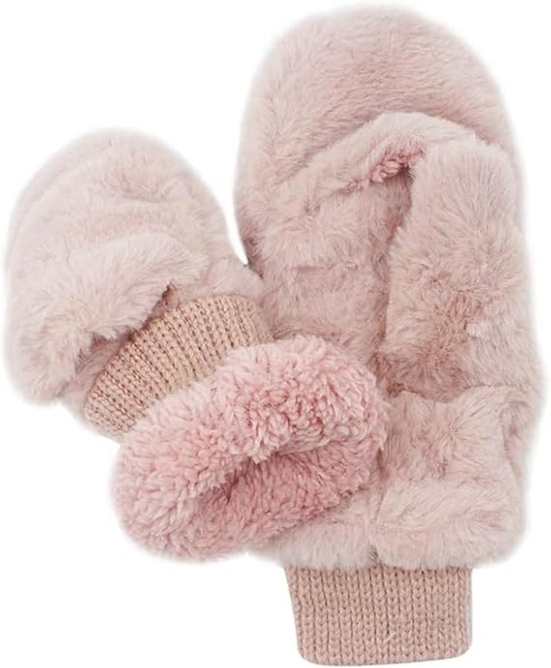 Women Winter Faux Fur Flip Cover Mittens Warm Soft Half Finger Fingerless Gloves(Pink) image number 3