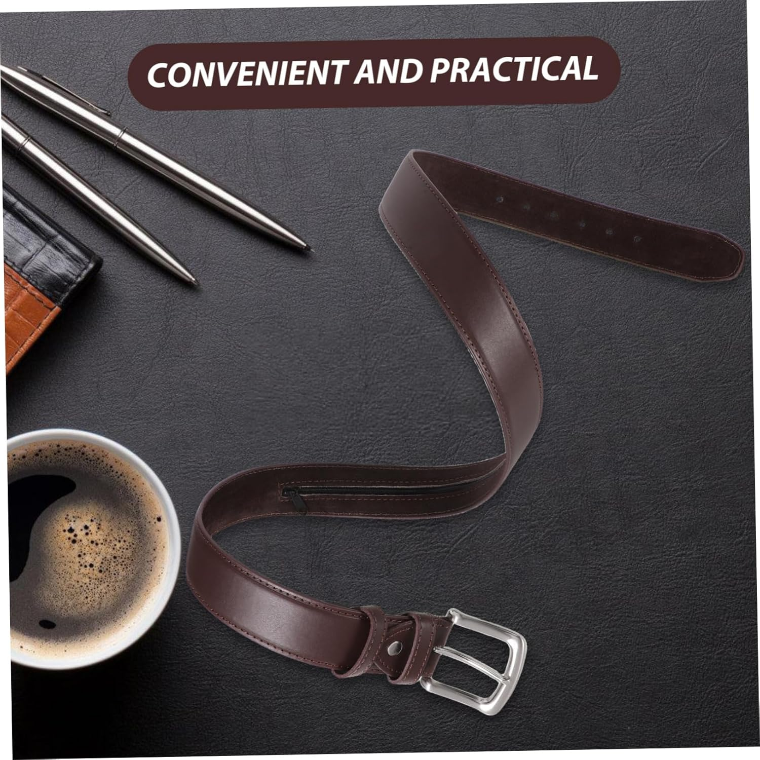 WESIEVYA Mens Zipper Pocket Waist Belt Hidden Money Storage Travel Security Belt for Discreet Cash and Valuables Stylish PU Design Brown for Travel and Daily Use image number 6